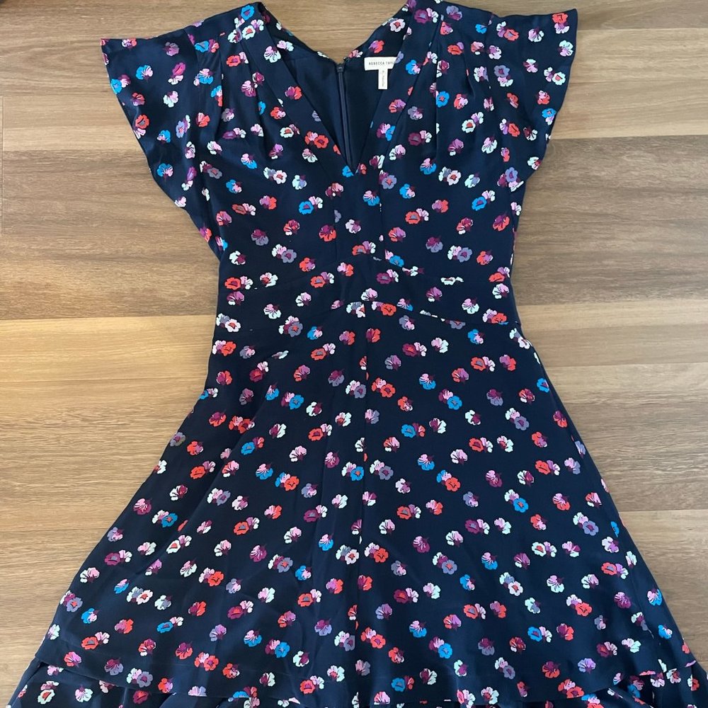 Rebecca Taylor Navy Silk Floral Short Flutter Sleeve Dress Size 6